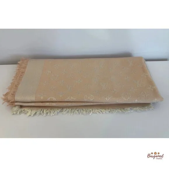 Authentic Louis Vuitton Pink/Beige Silk Wool Monogram Shawl Scarf 55x55 - M72046 - Picture 2 of 8